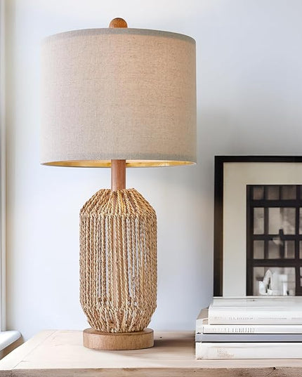 OYEARS 21" Boho Table Lamp for Living Room, Bedside Lamp for Nightstands, Rattan Lamp for Bedroom, Farmhouse Table Lamp for Room Decor, End Table, Retro, Brown, 1 Pack - LeafyLoom