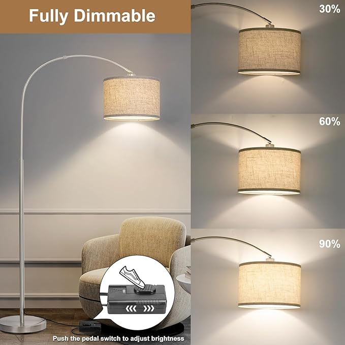 Floor Lamp for Living Room, Dimmable Arc Floor Lamp with Adjustable Head, Silver Finish Modern Floor Lamp, Over Couch Tall Standing Hanging Lights for Reading, Bedroom, Office, 9W 3000K Bulb Included - LeafyLoom
