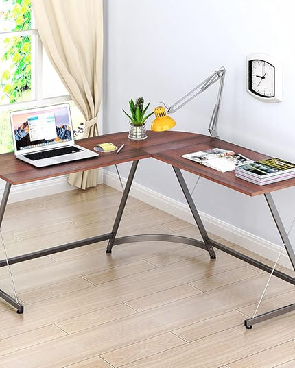SHW L-Shaped Computer Gaming Desk, Walnut - LeafyLoom