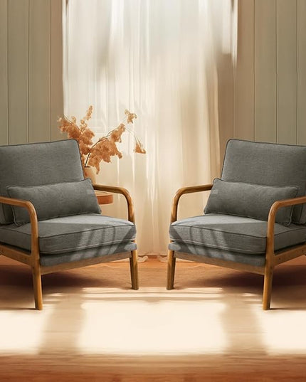 Bonnlo Linen Dark Grey Accent Chairs Set of 2, Upholstered Mid Century Modern Lounge Chairs Reading Chairs Side Sitting Chair Solid Wood Farmhouse Armchairs for Living Room, Bedroom, Guest Room - LeafyLoom