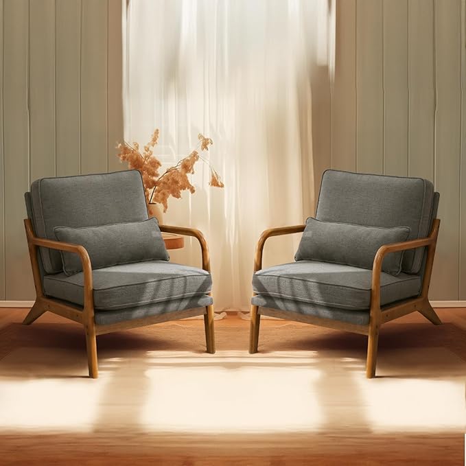 Bonnlo Linen Dark Grey Accent Chairs Set of 2, Upholstered Mid Century Modern Lounge Chairs Reading Chairs Side Sitting Chair Solid Wood Farmhouse Armchairs for Living Room, Bedroom, Guest Room - LeafyLoom