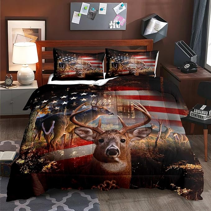 LUVIVIHOME 3PCS Hunting Deer Comforter Set, Camo Comforter, Queen Bed Set, Patriotic American Flag Hunter Woodland Forest Animal Elk Moose Wildlife Cabin Country Rustic Bedding Quilt, 2 Pillow Shams - LeafyLoom