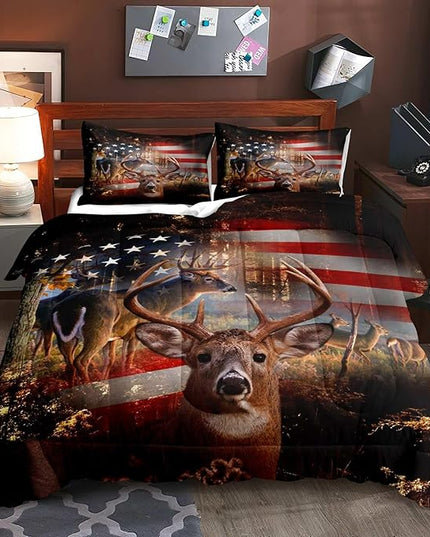 LUVIVIHOME 3PCS Hunting Camo Comforter Set, Deer Comforter Full Size, Patriotic American Flag Hunter Woodland Forest Animal Elk Moose Wildlife Cabin Lodge Country Rustic Bedding Quilt, 2 Pillow Shams - LeafyLoom