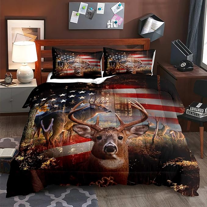 LUVIVIHOME 3PCS Hunting Camo Comforter Set, Deer Comforter Full Size, Patriotic American Flag Hunter Woodland Forest Animal Elk Moose Wildlife Cabin Lodge Country Rustic Bedding Quilt, 2 Pillow Shams - LeafyLoom