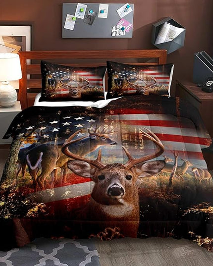 LUVIVIHOME 3PCS Camo Hunting Comforter Set, Deer Comforter King Size, Patriotic American Flag Hunter Woodland Forest Animal Elk Moose Wildlife Cabin Lodge Country Rustic Bedding Quilt, 2 Pillow Shams - LeafyLoom