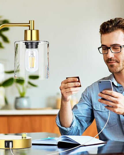 Gold Industrial Table Lamp with 2 USB Charging Ports, Fully Stepless Dimmable Modern Nightstand Lamp, Glass Shade Bedside Desk Lamp for Bedroom Living Room Office, 6W 2700K LED Edison Bulb Included - LeafyLoom