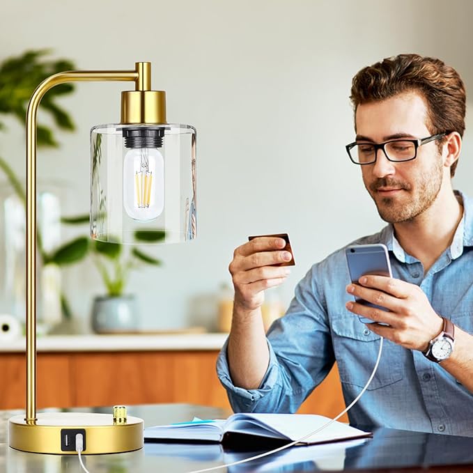 Gold Industrial Table Lamp with 2 USB Charging Ports, Fully Stepless Dimmable Modern Nightstand Lamp, Glass Shade Bedside Desk Lamp for Bedroom Living Room Office, 6W 2700K LED Edison Bulb Included - LeafyLoom