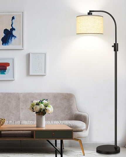 【Upgraded】 Dimmable Floor Lamp, 1200 Lumens LED Edison Bulb Included, Arc Floor Lamps for Living Room Modern Standing Lamp with Linen Shade, Black Tall Lamp for Living Room Bedroom Office Dining Room - LeafyLoom
