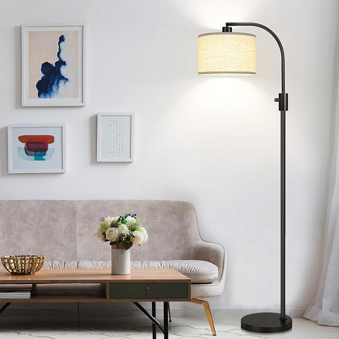 【Upgraded】 Dimmable Floor Lamp, 1200 Lumens LED Edison Bulb Included, Arc Floor Lamps for Living Room Modern Standing Lamp with Linen Shade, Black Tall Lamp for Living Room Bedroom Office Dining Room - LeafyLoom