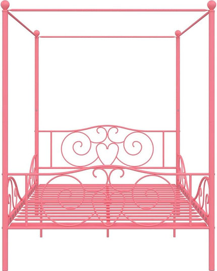 DHP Metal Canopy Kids Platform Bed with Four Poster Design, Scrollwork Headboard and Footboard, Underbed Storage Space, No Box Sring Needed, Full, Pink - LeafyLoom