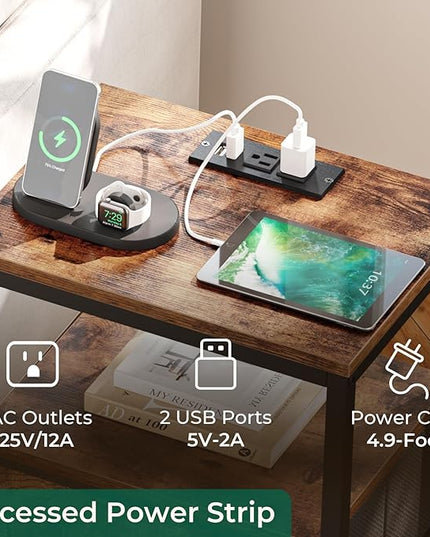 Nightstands Set of 2, End Tables with Charging Station, Side Tables with Fabric Drawers, Bedside Tables with USB Ports and Outlets, Night Stands for Bedroom, Rustic Brown - LeafyLoom