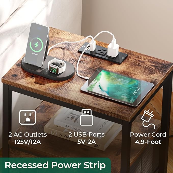 Nightstands Set of 2, End Tables with Charging Station, Side Tables with Fabric Drawers, Bedside Tables with USB Ports and Outlets, Night Stands for Bedroom, Rustic Brown - LeafyLoom