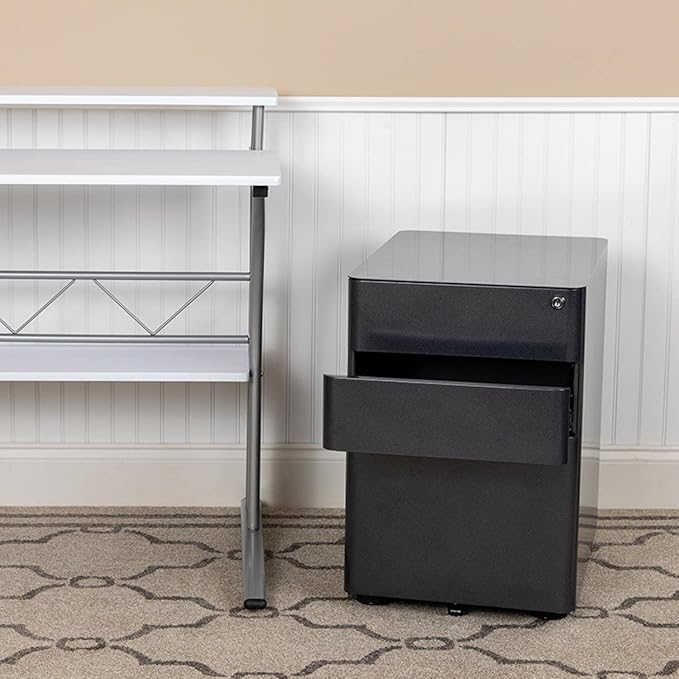 Flash Furniture Warner Modern 3-Drawer Mobile Locking Filing Cabinet with Anti-Tilt Mechanism and Hanging Drawer for Legal & Letter Files, Black - LeafyLoom