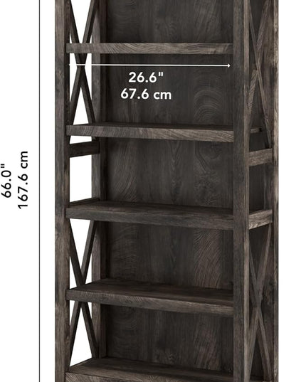 Bush Furniture Key West Tall 5 Shelf Bookcase in Dark Gray Hickory - LeafyLoom