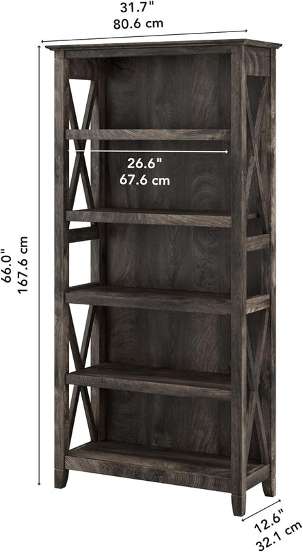 Bush Furniture Key West Tall 5 Shelf Bookcase in Dark Gray Hickory - LeafyLoom