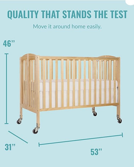 Folding Full Size Convenience Crib In Natural, Two Adjustable Mattress Height Positions, Comes With Heavy Duty Locking Wheels, Flat Folding - LeafyLoom
