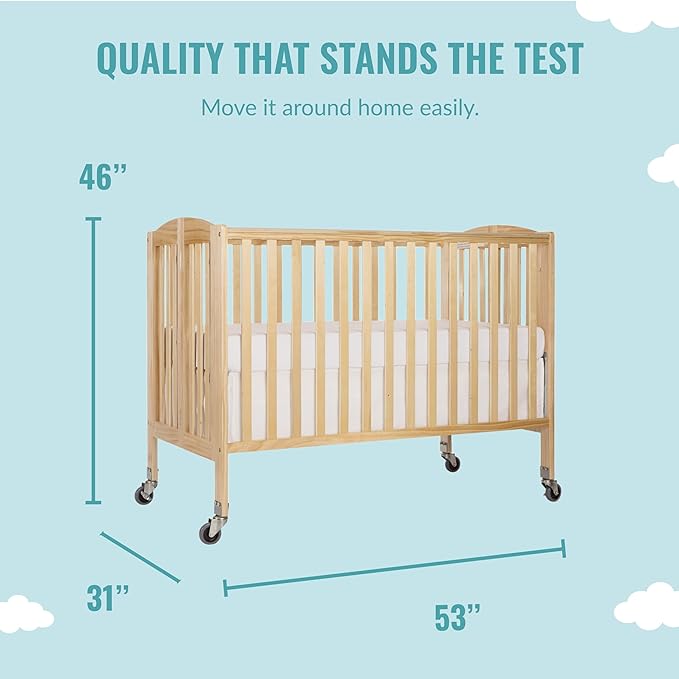 Folding Full Size Convenience Crib In Natural, Two Adjustable Mattress Height Positions, Comes With Heavy Duty Locking Wheels, Flat Folding - LeafyLoom
