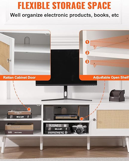 VEVOR Rattan TV Stand for 65 inch TV, Boho TV Stand with Rattan Door, Entertainment Center with Build-in Socket and USB Ports, Modern TV Console for Living Room, Media Room, White - LeafyLoom