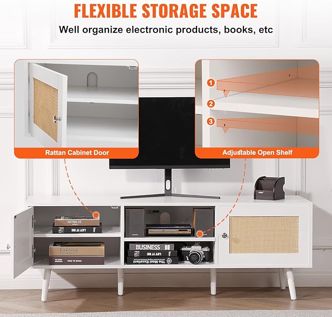 VEVOR Rattan TV Stand for 65 inch TV, Boho TV Stand with Rattan Door, Entertainment Center with Build-in Socket and USB Ports, Modern TV Console for Living Room, Media Room, White - LeafyLoom