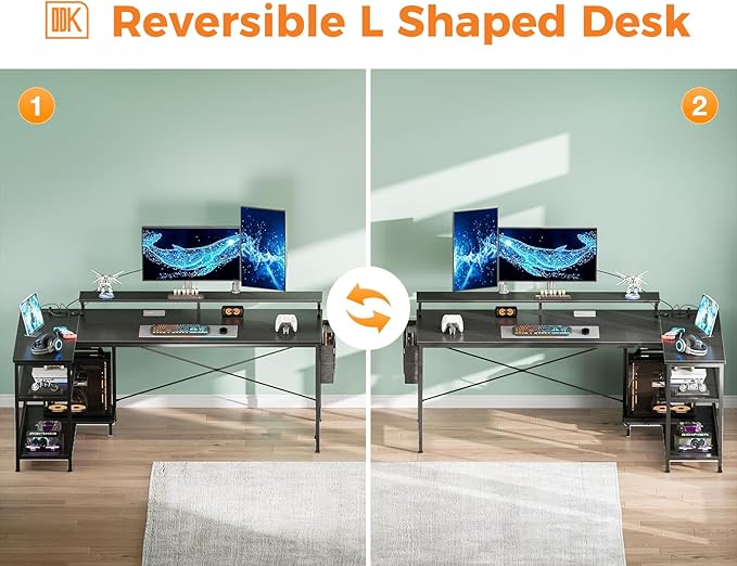 ODK 66 Inch Gaming Desk with USB Charging Ports and LED Lights, Reversible L Shaped Computer Desk with Storage Shelves & Monitor Stand, Corner Gamer Desk Table with Power Outlets, Black - LeafyLoom
