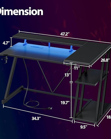Computer Gaming Desk with Power Outlet & LED Lights, 47 Inch L Shaped Gamer Table with Storage Shelves for Bedroom, Reversible Corner Home Office Desk, Carbon Fiber Black - LeafyLoom