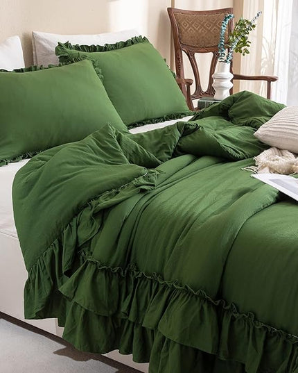 Olive Green Comforter Set Queen,Farmhouse Bedding Queen Size Comforter Set with Ruffle,Shabby Boho Chic French Country Dark Green Bedding Sets 3 Pieces - LeafyLoom