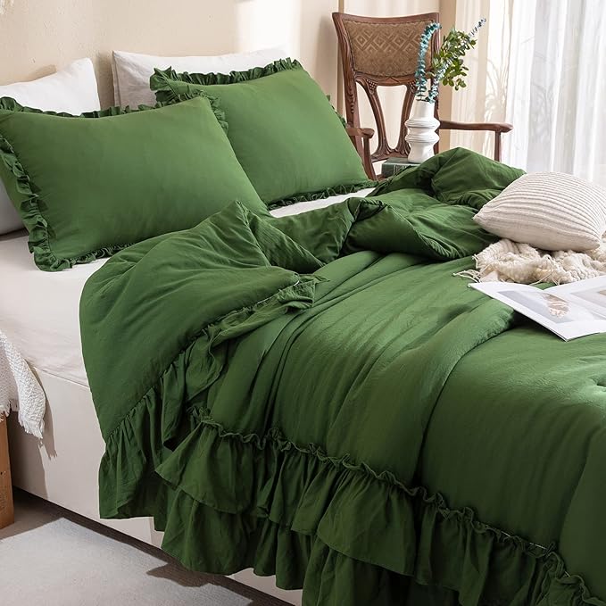 Olive Green Comforter Set Queen,Farmhouse Bedding Queen Size Comforter Set with Ruffle,Shabby Boho Chic French Country Dark Green Bedding Sets 3 Pieces - LeafyLoom