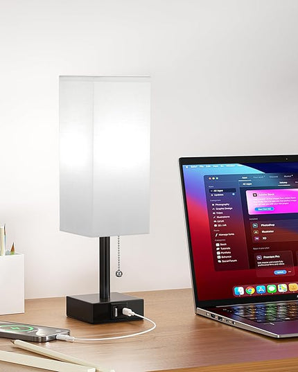 White Small Table Lamp for Bedroom - 3 Color Temperature 3000K 5000K 4000K Bedside Lamp, Pull Chain Control, USB A and C Charging Ports, Black Base, for Kids Office Dorm Nightstand, Bulb Included - LeafyLoom