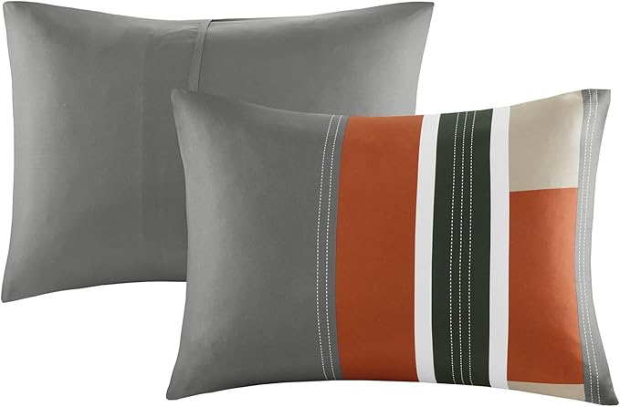 Comfort Spaces Casual Comforter Set Sporty Design, Vibrant Color, Active Lifestyle Boys Bedroom Décor, All Season Soft Microfiber Bedding Set, Decorative Pillow, Sham Grey/Orange Queen 4 Piece - LeafyLoom