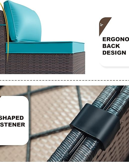 Patio Furniture Set Sofa 6-Piece Wicker PE Rattan Sectional Sofa Set, Outdoor Furniture Patio Conversation Sofa Set with Glass Coffee Table, Blue - LeafyLoom
