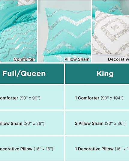 Codi Metallic Teal and Silver Comforter Set, Full/Queen Size, Cute Aqua Turquoise Bedding Sets, 4 Piece (2 Matching Sham + 1 Decorative Pillow) - LeafyLoom