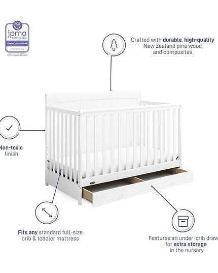 Graco Asheville 4-in-1 Convertible Crib with Drawer (White) – GREENGUARD Gold Certified, Crib with Drawer Combo, Full-Size Nursery Storage Drawer, Converts to Toddler Bed, Daybed and Full-Size Bed - LeafyLoom