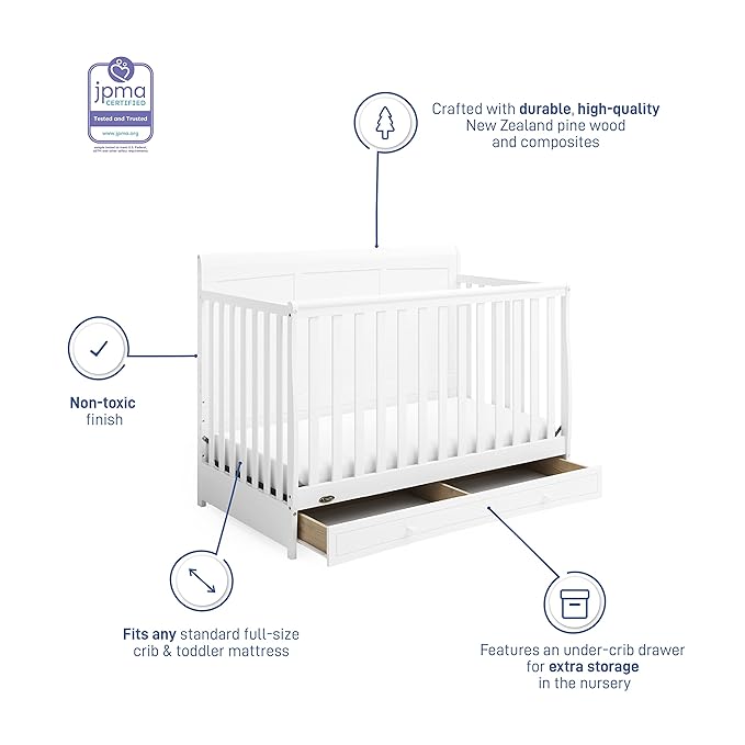 Graco Asheville 4-in-1 Convertible Crib with Drawer (White) – GREENGUARD Gold Certified, Crib with Drawer Combo, Full-Size Nursery Storage Drawer, Converts to Toddler Bed, Daybed and Full-Size Bed - LeafyLoom