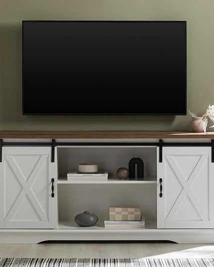 Walker Edison Richmond Modern Farmhouse Sliding Barn Door TV Stand for TVs up to 65 Inches, 58 Inch, White and Rustic Oak - LeafyLoom