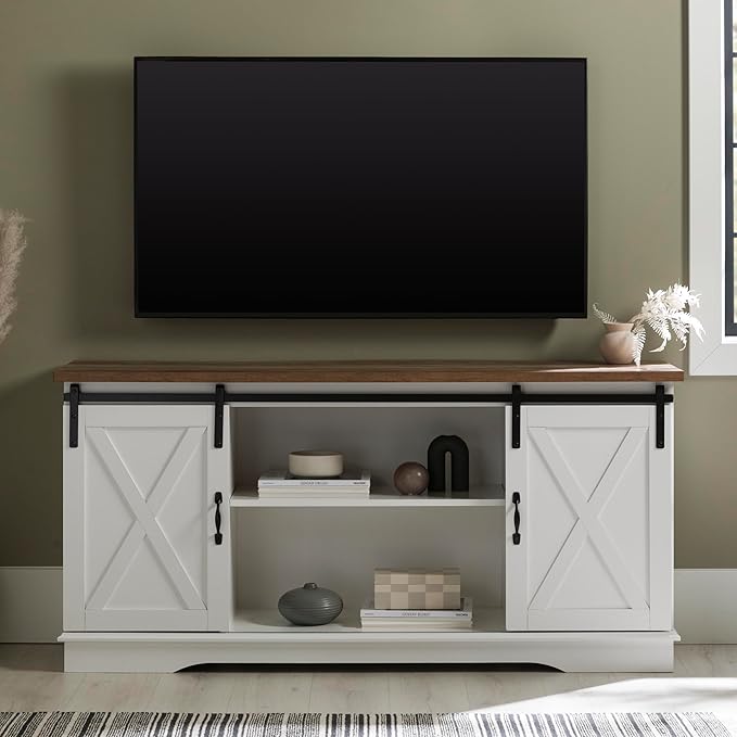 Walker Edison Richmond Modern Farmhouse Sliding Barn Door TV Stand for TVs up to 65 Inches, 58 Inch, White and Rustic Oak - LeafyLoom