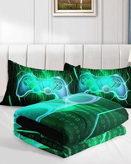 Axolotl Gamepad Comforter Set Queen Size,Number Video Gaming Gamer Bedding Set,Boys Game Console Comforter Set,Geometry Hexagonal Bedding Set for Teens Men Adults,1 Quilt 2 Pillowcases,Green Black - LeafyLoom