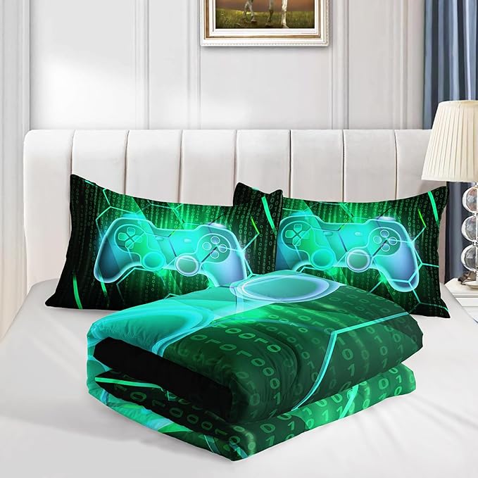 Axolotl Gamepad Comforter Set Queen Size,Number Video Gaming Gamer Bedding Set,Boys Game Console Comforter Set,Geometry Hexagonal Bedding Set for Teens Men Adults,1 Quilt 2 Pillowcases,Green Black - LeafyLoom
