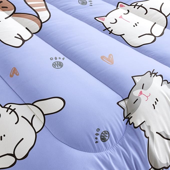Datura home Purple Kawaii Cat Comforter Bedding Set for Girls Kitten Purple Print Cute Animal Pattern Bedding Set with 1 Comforter and 2 Pillowcases for Girls Bedroom All Season(Cat Purple Full) - LeafyLoom
