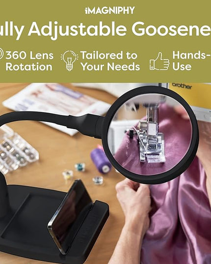 8X Desk Magnifying Light - Magnifying Glass for Reading and Crafts with 6 LEDs (No Glare, No Flickering) - Magnifying Lamp with Light and Stand, 2 Brightness Settings - Ideal for Seniors - LeafyLoom