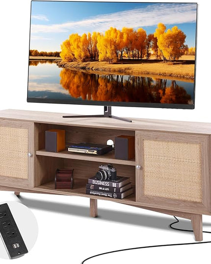 VEVOR Rattan TV Stand, Mid Century Modern TV Stand for 75 inch TV, Boho Rattan TV Cabinet with Build-in Socket and USB Ports, Adjustable Shelfs for Living Room, Media Room, Oak - LeafyLoom