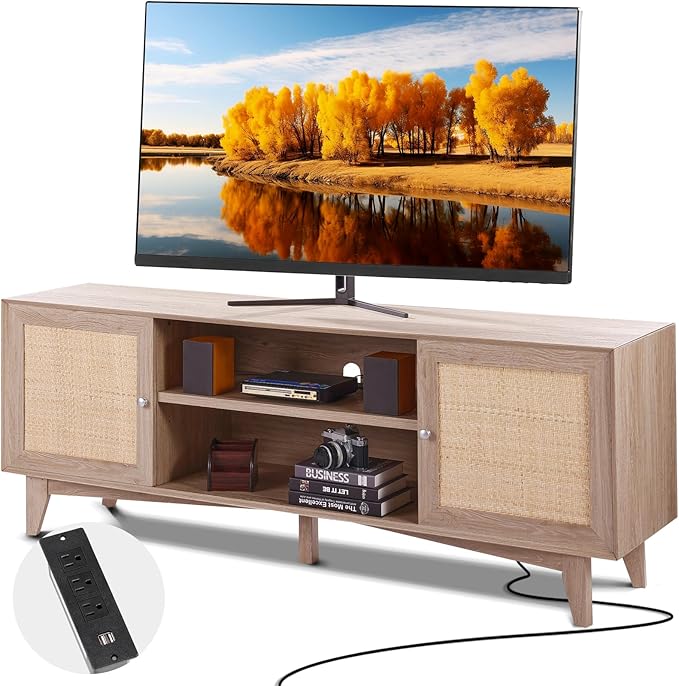 VEVOR Rattan TV Stand, Mid Century Modern TV Stand for 75 inch TV, Boho Rattan TV Cabinet with Build-in Socket and USB Ports, Adjustable Shelfs for Living Room, Media Room, Oak - LeafyLoom