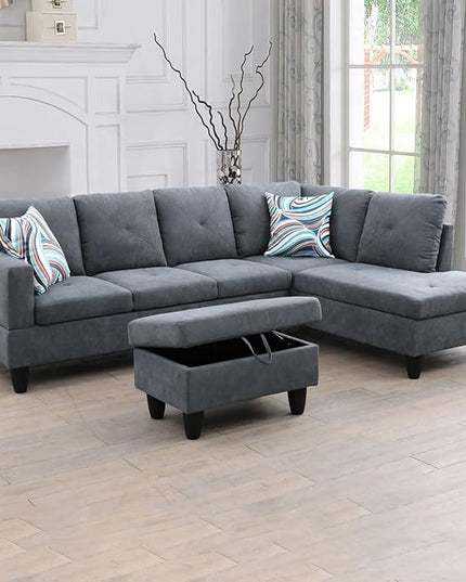 ROOMTEC L Shape Sectional Sofa Set, 5 Seat Upholstered Corner Couch with Storage Ottoman & Right Chaise Lounge, Luxurious Flannelette Tufted Cushions, for Living Room, Apartment, Dark Grey - LeafyLoom