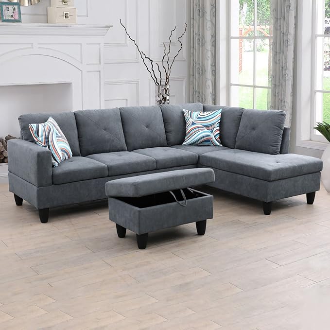 ROOMTEC L Shape Sectional Sofa Set, 5 Seat Upholstered Corner Couch with Storage Ottoman & Right Chaise Lounge, Luxurious Flannelette Tufted Cushions, for Living Room, Apartment, Dark Grey - LeafyLoom