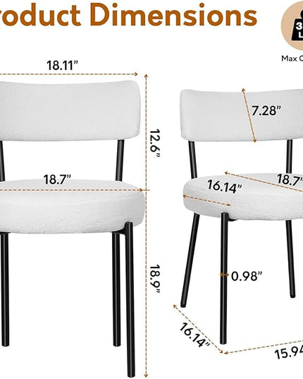 Boucle Dining Chairs Set of 2, Mid Century Dining Chairs with Metal Legs, Round Upholstered Sherpa Kitchen Dining Room Chairs Curved Backrest for Dining Room, Living Room, Kitchen,Black and White - LeafyLoom