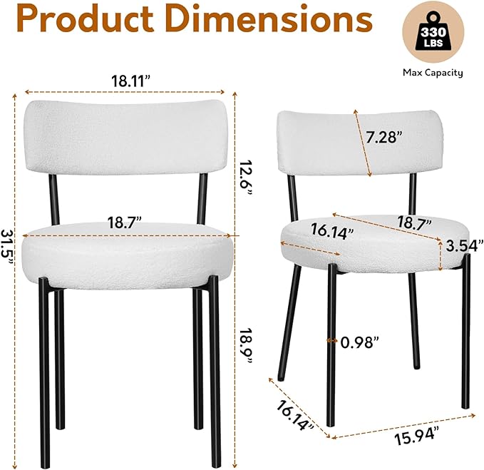 Boucle Dining Chairs Set of 2, Mid Century Dining Chairs with Metal Legs, Round Upholstered Sherpa Kitchen Dining Room Chairs Curved Backrest for Dining Room, Living Room, Kitchen,Black and White - LeafyLoom