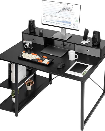 TOPSKY 47”x 31.5” Computer Desk with Drawers, Monitor Stand, Storage Shelf, 3-Port Charging Station (BLACK) - LeafyLoom