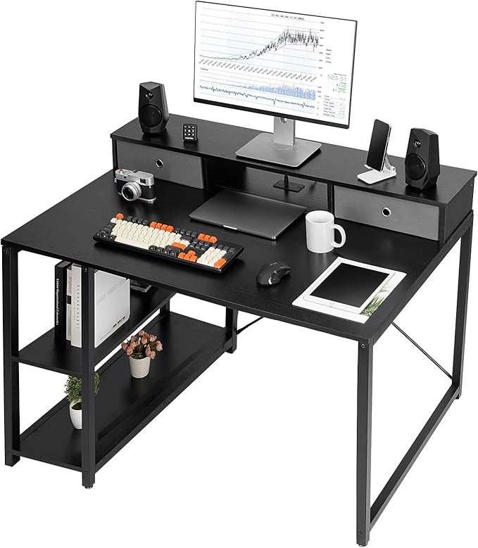 TOPSKY 47”x 31.5” Computer Desk with Drawers, Monitor Stand, Storage Shelf, 3-Port Charging Station (BLACK) - LeafyLoom