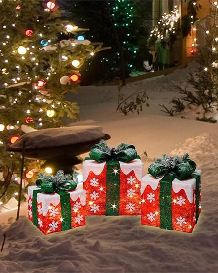 [Ultra-Large 16"x14"x11.5" Christmas Set of 3 Lighted Gift Boxes Decorations Pre-lit 91 Super-Bright LED with Flashers,for Indoor Outdoor Pathway Holiday Party Home(Warm White) GLOWNOVA