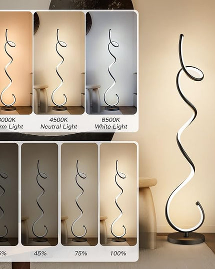 Modern Floor Lamps for Living Room, LED 53" Tall 30W Black Spiral Corner Floor Lamp with Remote, 3 Color Temperature, Stepless Dimmable, Bright Standing Lamp for Bedroom Home Office Deco - LeafyLoom