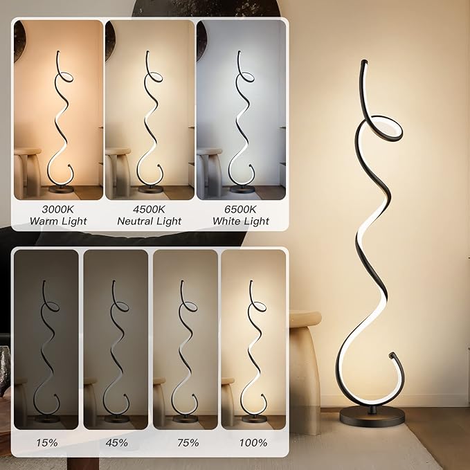 Modern Floor Lamps for Living Room, LED 53" Tall 30W Black Spiral Corner Floor Lamp with Remote, 3 Color Temperature, Stepless Dimmable, Bright Standing Lamp for Bedroom Home Office Deco - LeafyLoom